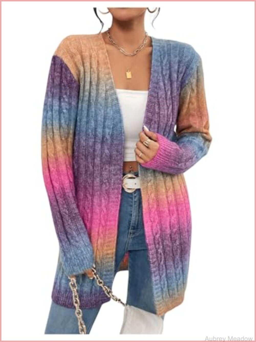 Open Front Cable Knit Cardigan Sweater Long Sleeve Loose Fit